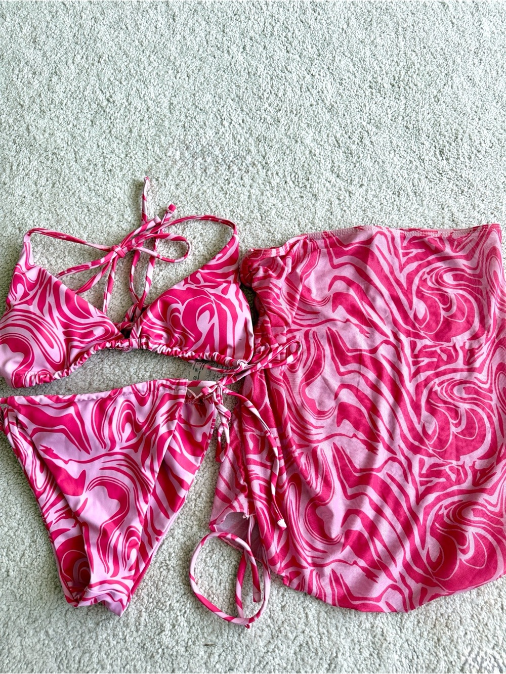 Pink Swirl Bikini Set with Matching Skirt Cover Up